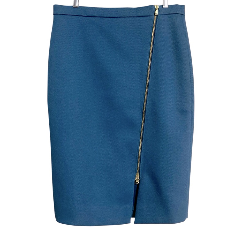 J Crew Teal Blue Gold Zipper Detail Business Career Pencil High Waist Skirt 8 T